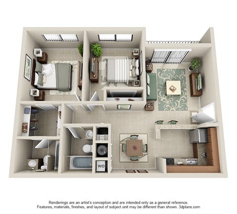 Floor plan for 2 beds, 2 baths, 810 sqft