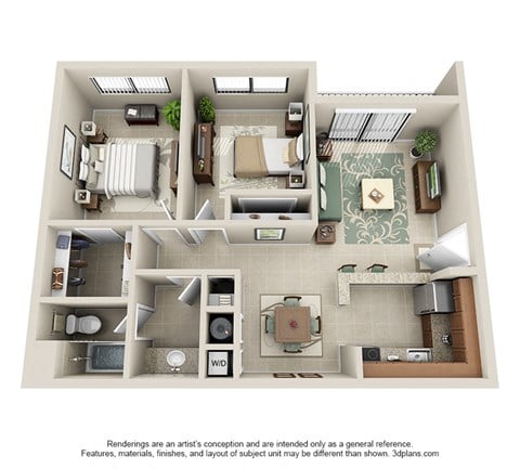 Floor plan for 2 beds, 1 bath, 789 sqft