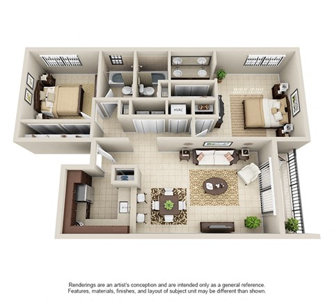 Floor plan for 2 beds, 2 baths, 1073 sqft