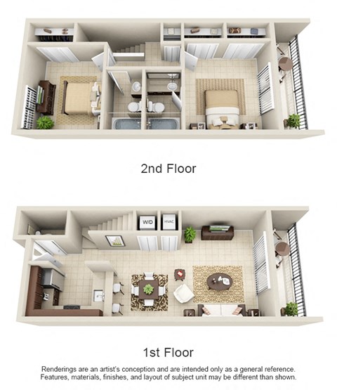 Floor plan for 2 beds, 2.5 baths, 1190 sqft