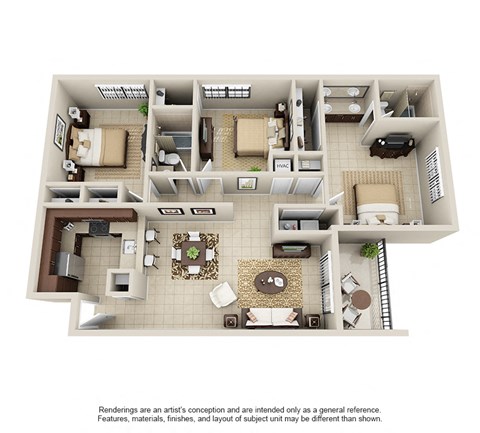 Floor plan for 3 beds, 2 baths, 1304 sqft