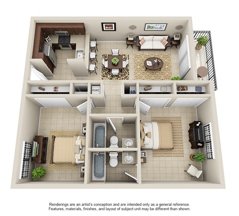 Floor plan for 2 beds, 2 baths, 965 sqft