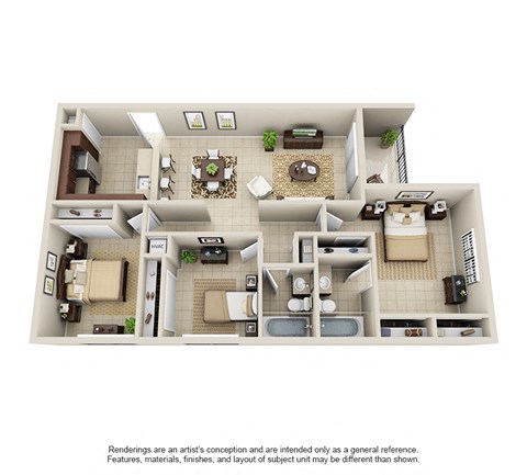 Floor plan for 3 beds, 2 baths, 1167 sqft