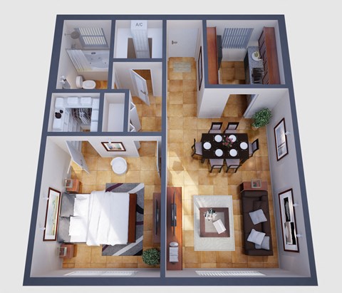Floor plan for 1 bed, 1 bath, 648 sqft