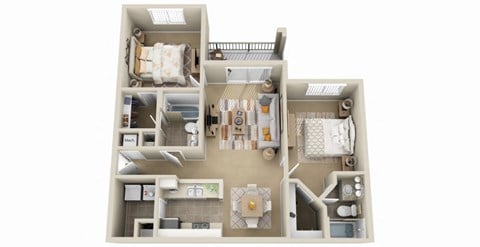 Floor plan for 2 beds, 2 baths, 950 sqft