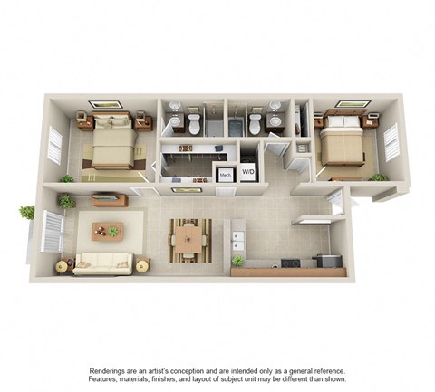 Floor plan for 2 beds, 2 baths, 1019 sqft