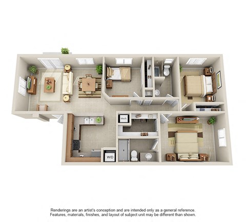 Floor plan for 3 beds, 2 baths, 1221 sqft