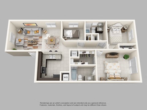 Floor plan for 3 beds, 2 baths, 970 sqft