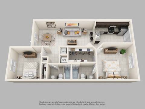 Floor plan for 2 beds, 2 baths, 961 sqft