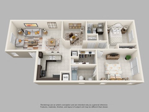 Floor plan for 2 beds, 2 baths, 970 sqft