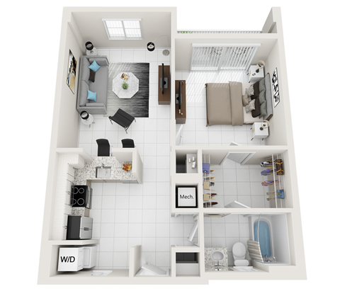 Floor plan for 1 bed, 1 bath, 720 sqft