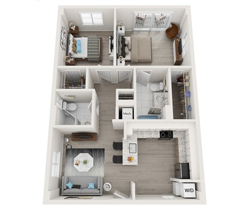 Floor plan for 2 beds, 2 baths, 912 sqft