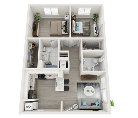Floor plan for 2 beds, 2 baths, 936 sqft