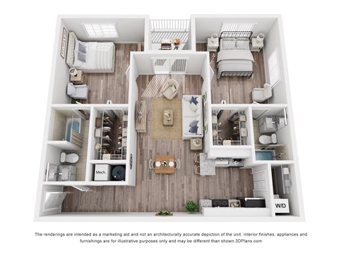 Floor plan for 2 beds, 2 baths, 1130 sqft