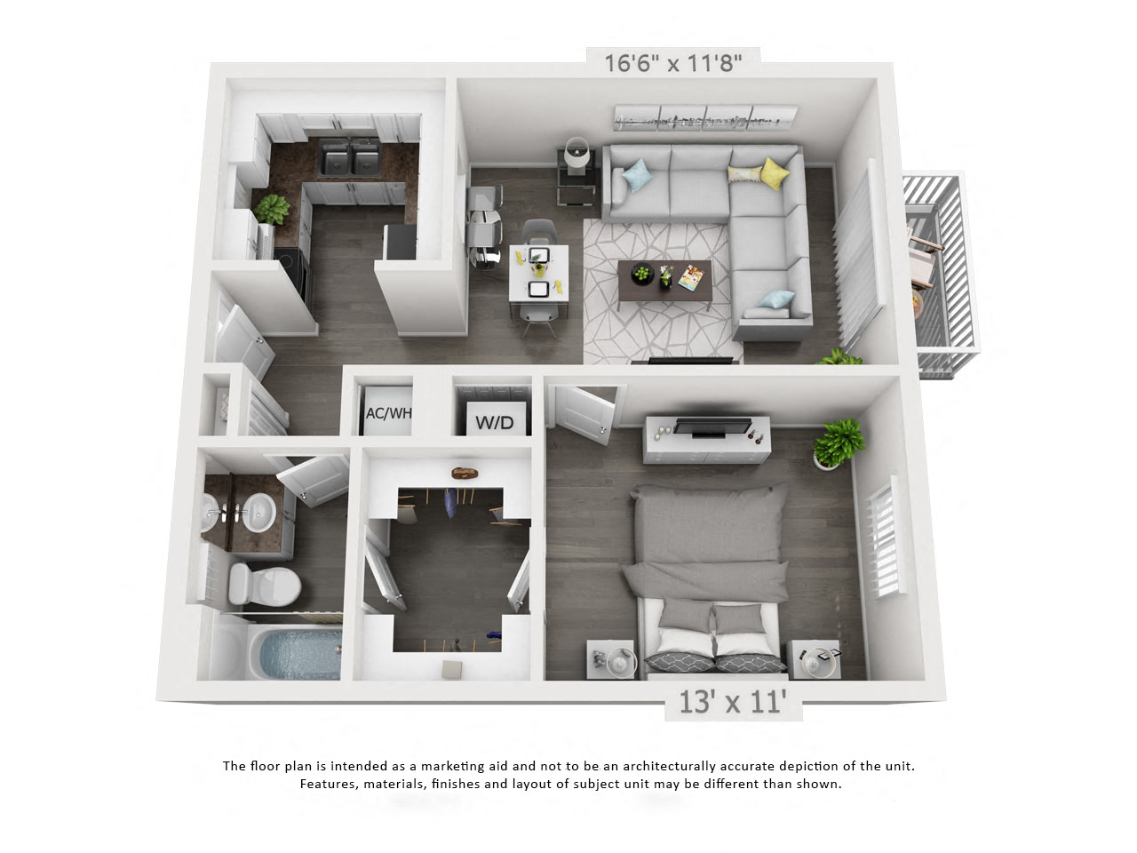 Floor plan for 1 bed, 1 bath, 638 sqft
