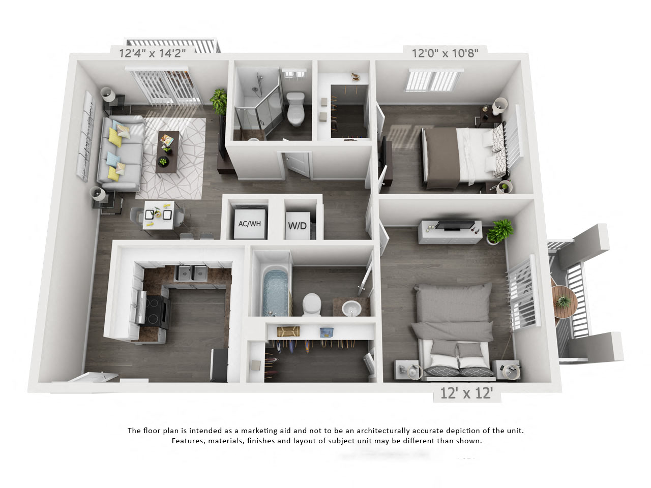 Floor plan for 2 beds, 2 baths, 949 sqft
