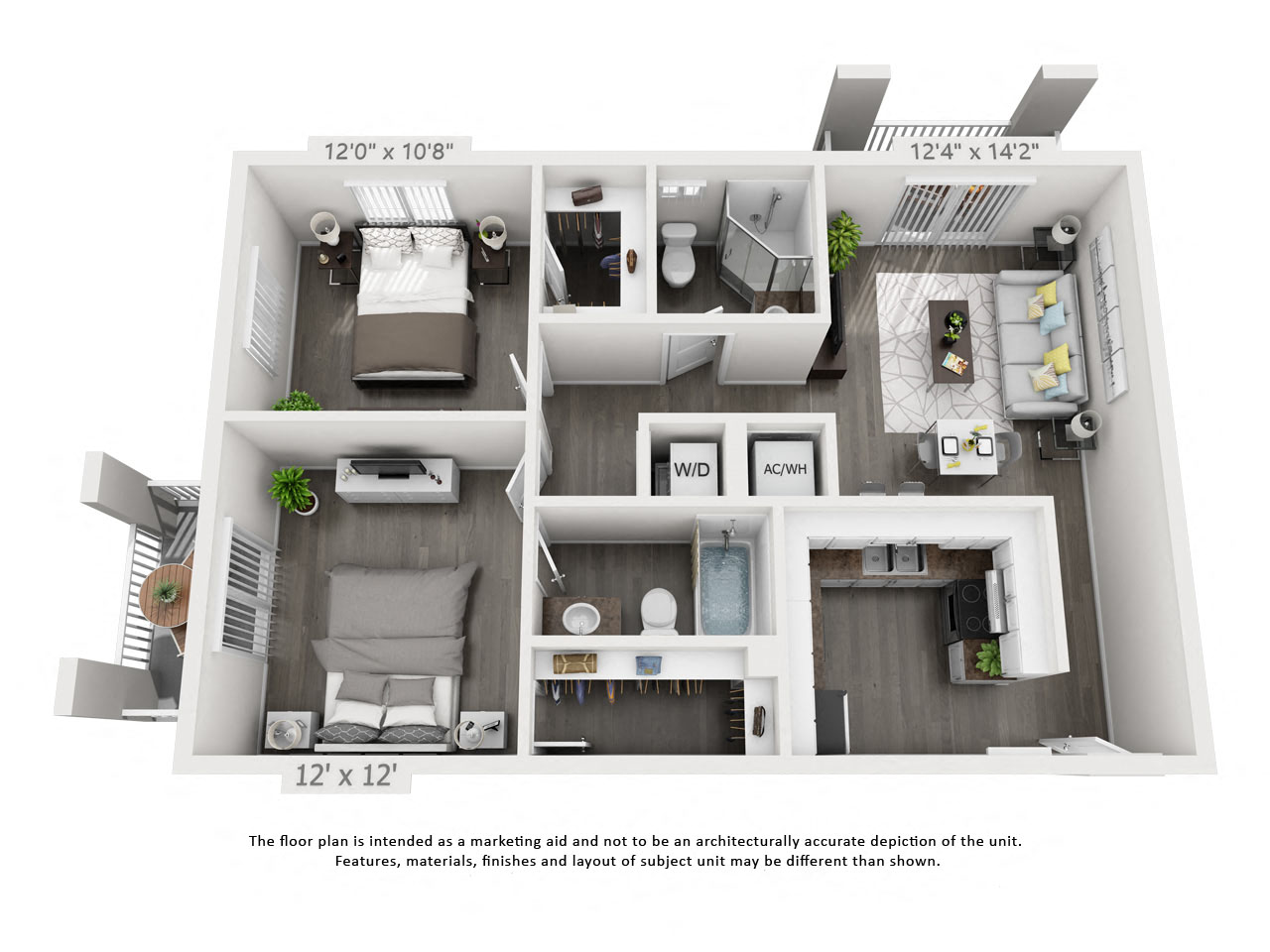 Floor plan for 2 beds, 2 baths, 913 sqft