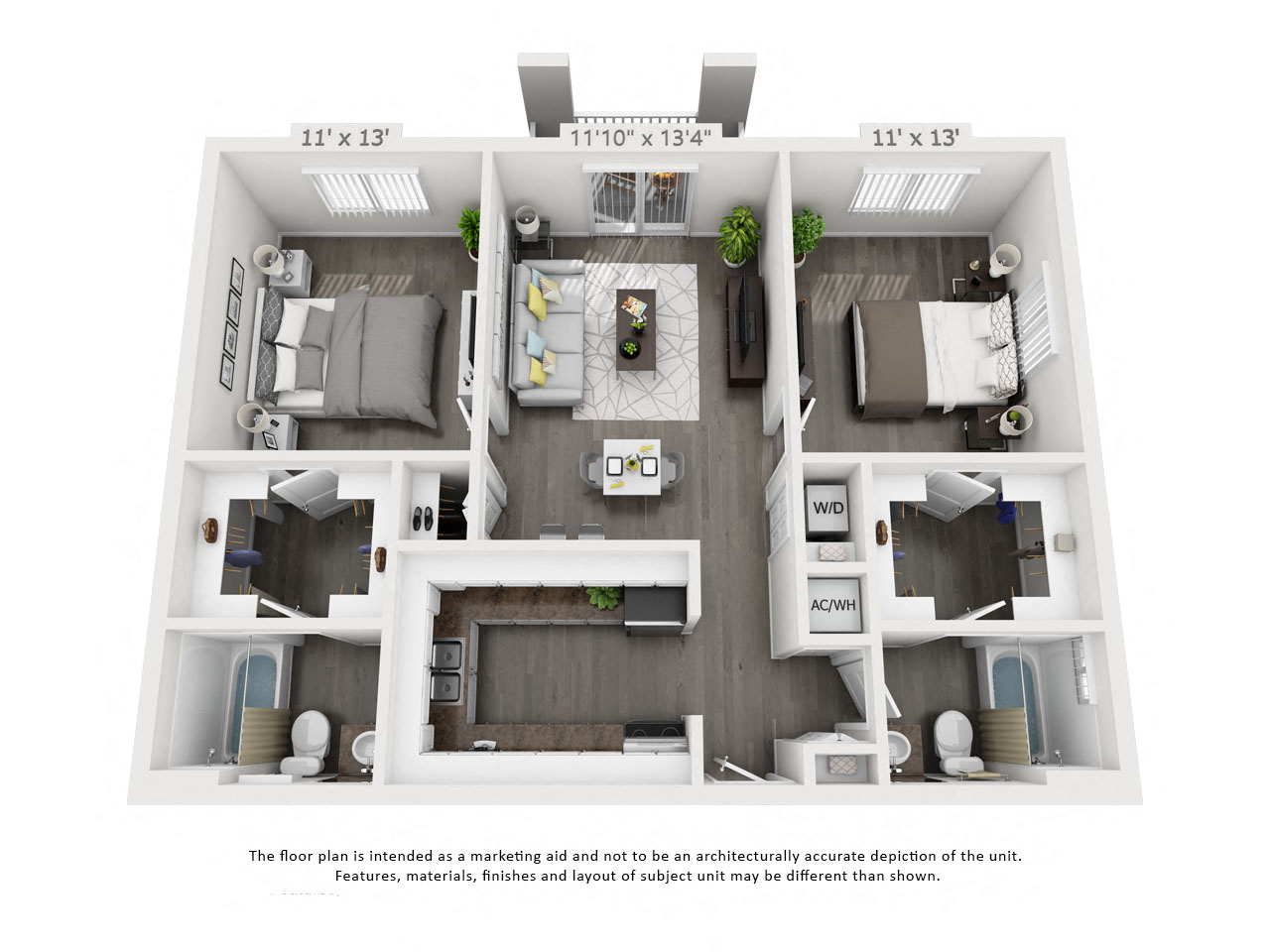 Floor plan for 2 beds, 2 baths, 949 sqft