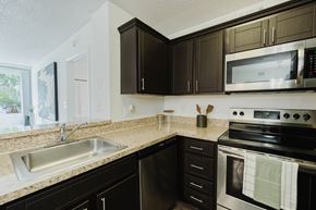 Coconut Creek apartment for rent - A kitchen with black cabinets and a stainless steel oven.