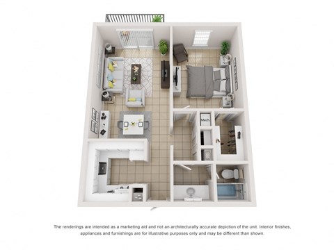 Floor plan for 1 bed, 1 bath, 700 sqft