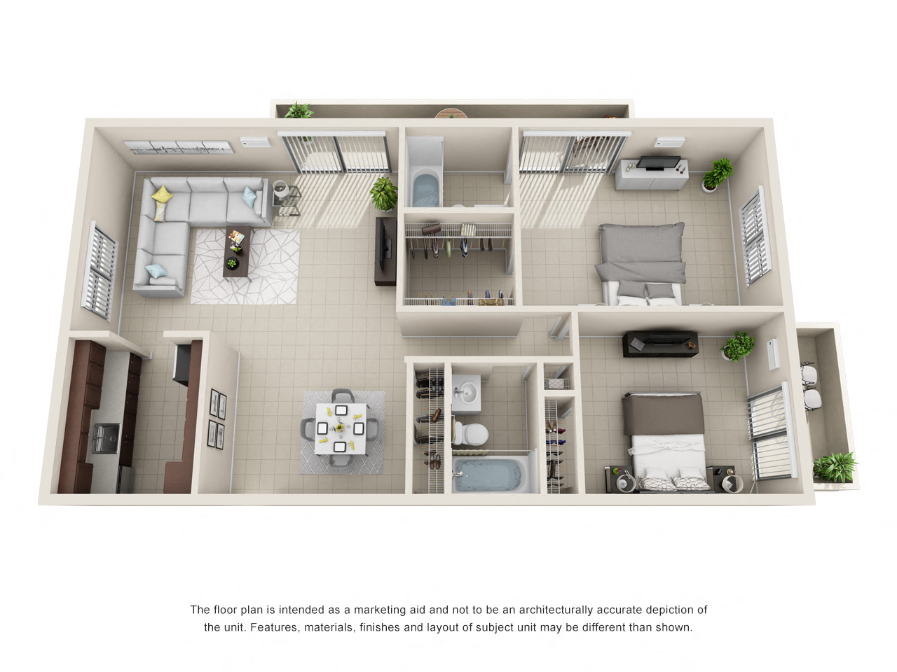 Floor plan for 2 beds, 2 baths, 1083 sqft