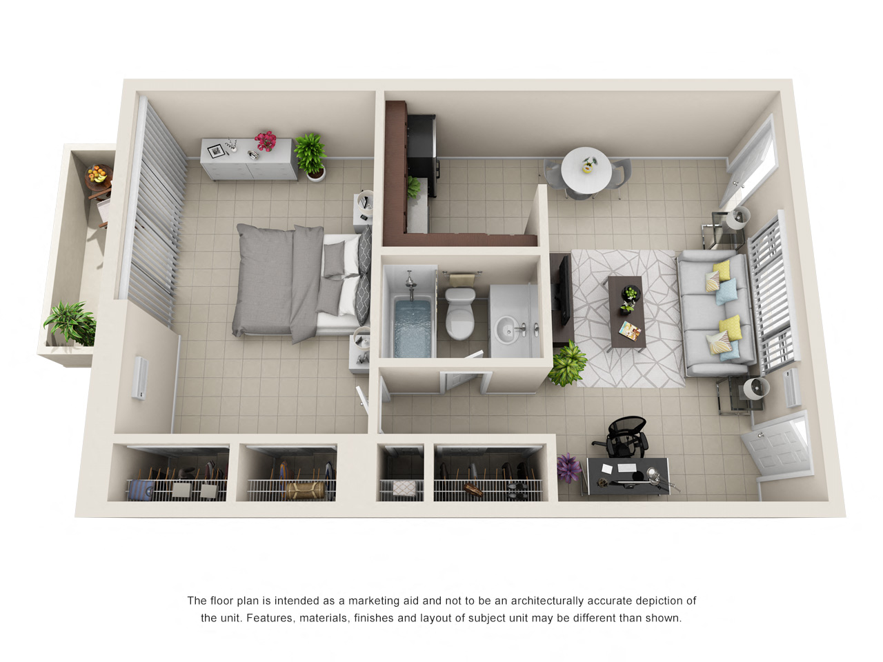 Floor plan for 1 bed, 1 bath, 596 sqft