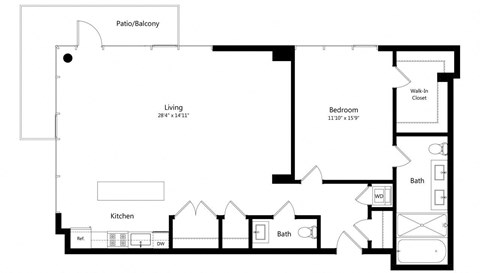 Floor plan for 1 bed, 1 bath