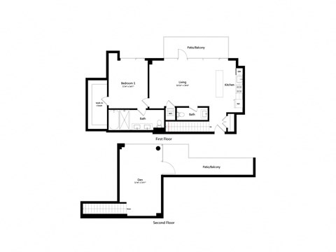Floor plan for 1 bed, 1.5 baths