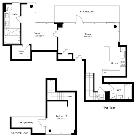 Floor plan for 1 bed, 2 baths