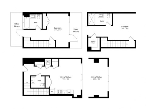 Floor plan for 1 bed, 1.5 baths
