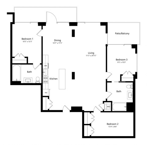 Floor plan for 3 beds, 2 baths