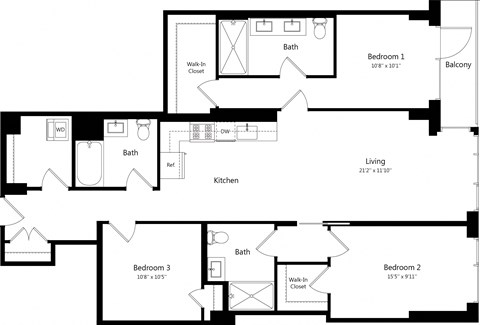 Floor plan for 3 beds, 3 baths