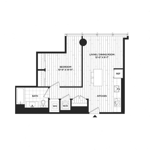 Floor plan for 1 bed, 1 bath, 609 sqft