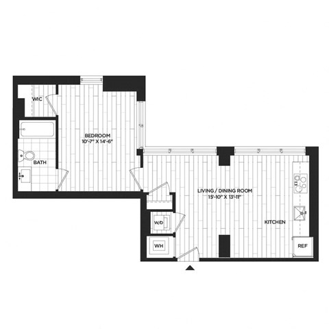 Floor plan for 1 bed, 1 bath, 625 sqft