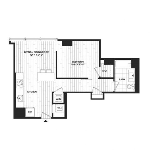 Floor plan for 1 bed, 1 bath, 628 sqft