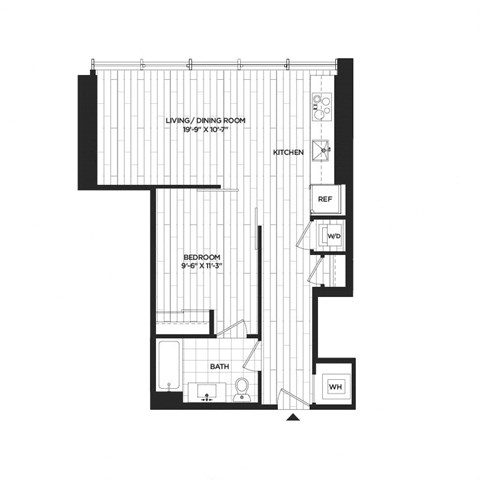 Floor plan for 1 bed, 1 bath, 637 sqft