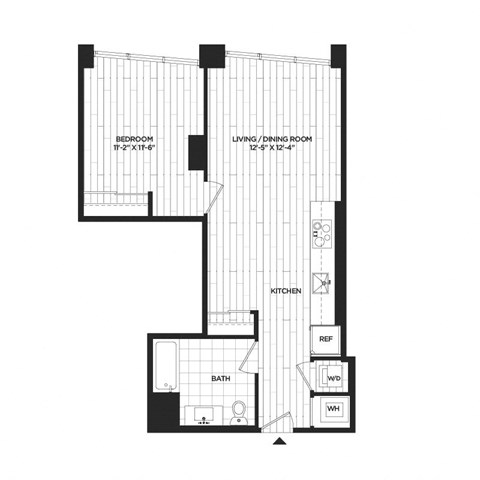 Floor plan for 1 bed, 1 bath, 673 sqft