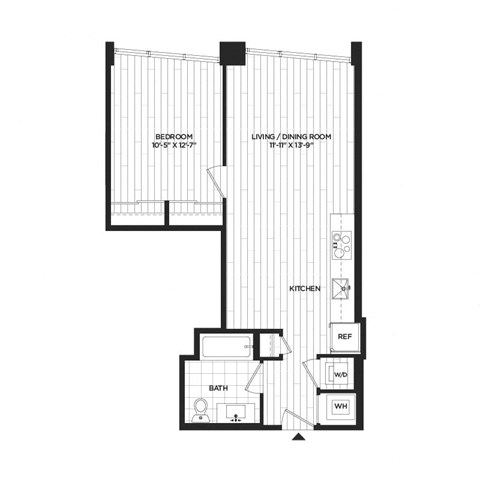 Floor plan for 1 bed, 1 bath, 639 sqft