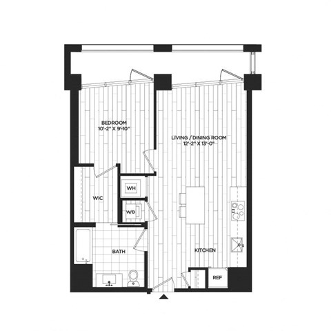 Floor plan for 1 bed, 1 bath, 671 sqft