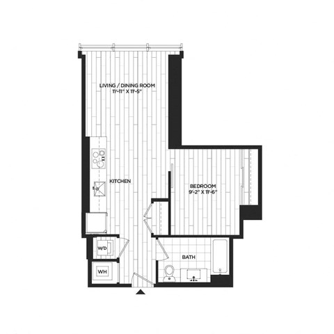 Floor plan for 1 bed, 1 bath, 566 sqft
