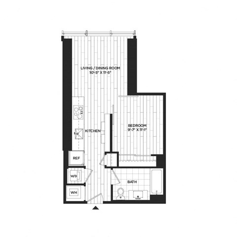 Floor plan for 1 bed, 1 bath, 523 sqft