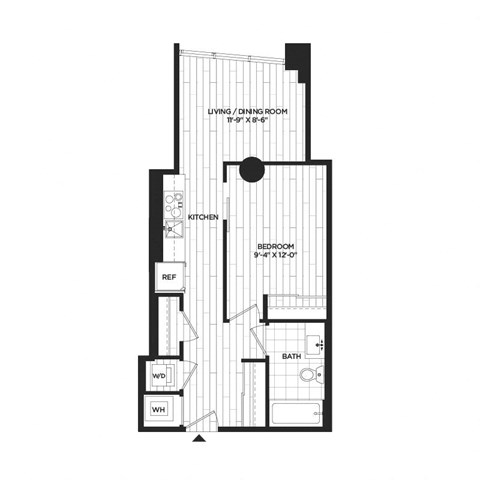 Floor plan for 1 bed, 1 bath, 532 sqft