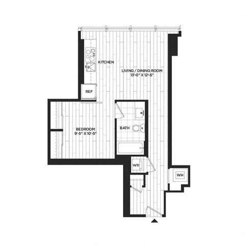 Floor plan for 1 bed, 1 bath, 542 sqft