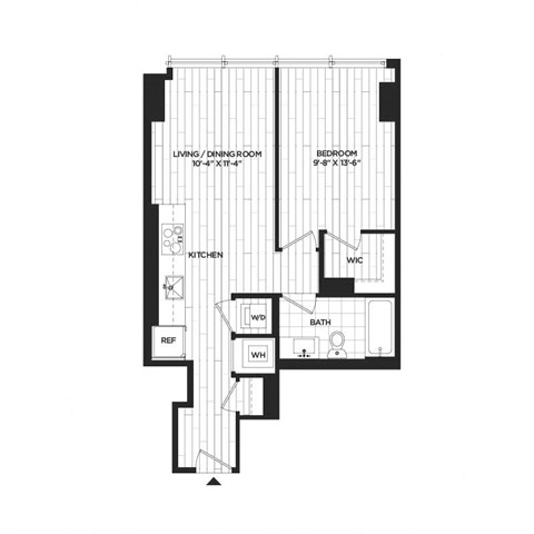 Floor plan for 1 bed, 1 bath, 578 sqft
