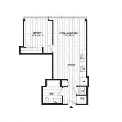 Floor plan for 1 bed, 1 bath, 577 sqft