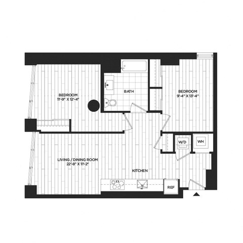 Floor plan for 2 beds, 1 bath, 875 sqft