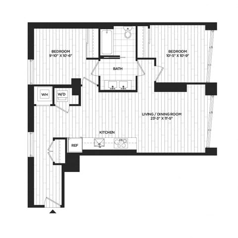 Floor plan for 2 beds, 1 bath, 879 sqft