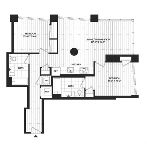 Floor plan for 2 beds, 2 baths, 935 sqft