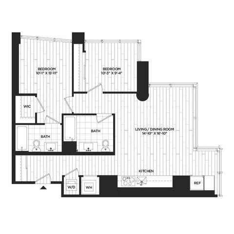 Floor plan for 2 beds, 2 baths, 958 sqft