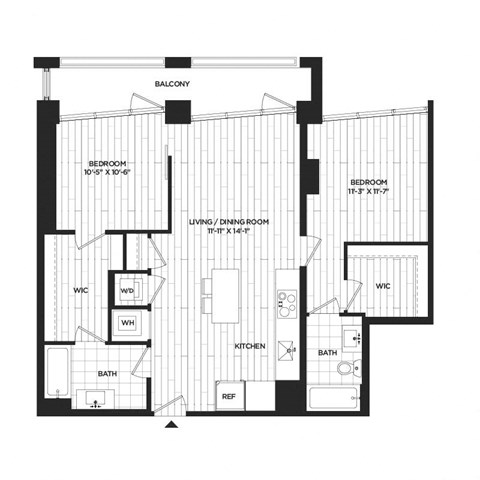 Floor plan for 2 beds, 2 baths, 964 sqft